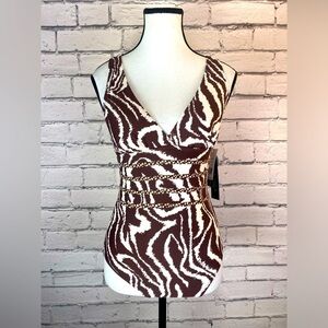La Blanca Animal Print One Piece Swim Suit White & Brown Size 4 NWT Zebra Print